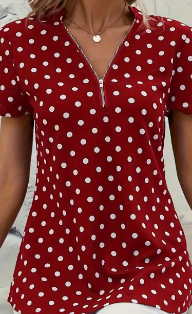 Winnie Polka Dot Zip-Front Blouse detail
