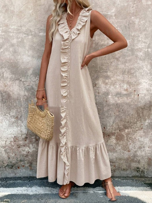 Bianca Ruffle-Trim Linen Swing Dress detail