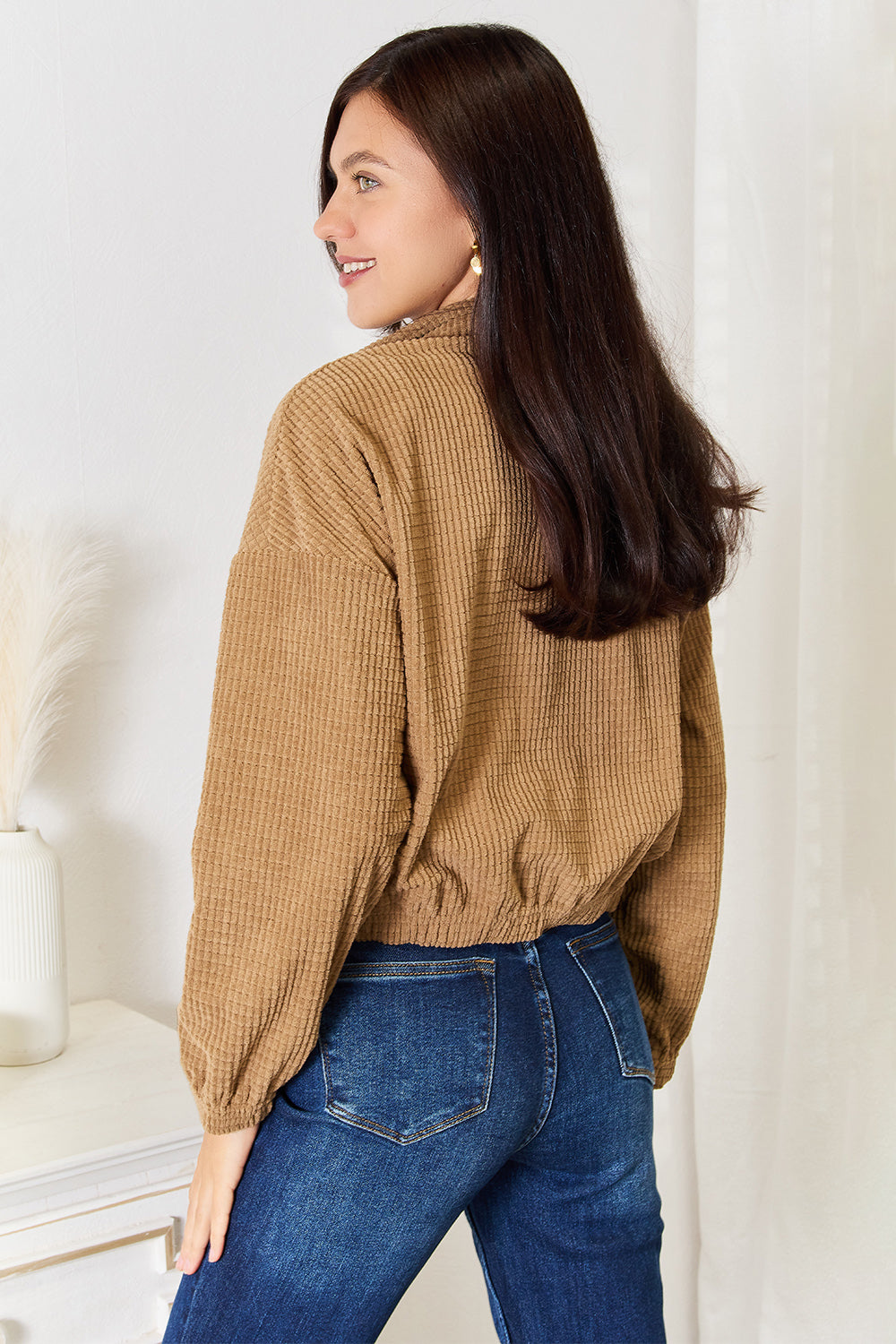 Back view of the Fleur camel textured drop-shoulder jacket