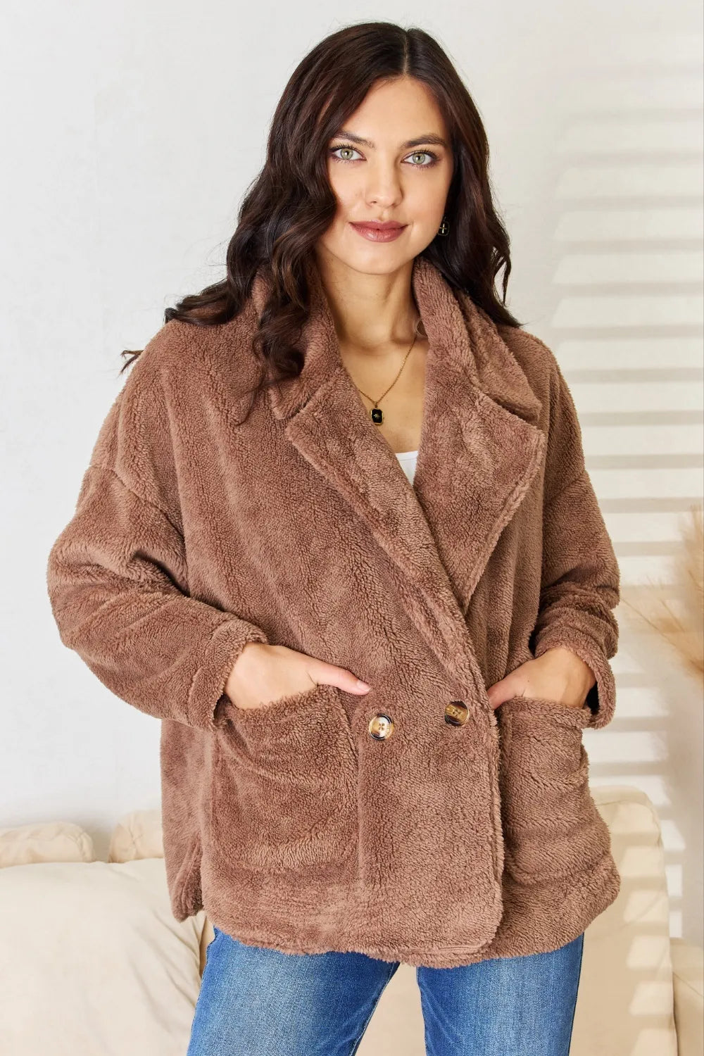 Culture Code Double Breasted Fuzzy Coat - New Taupe