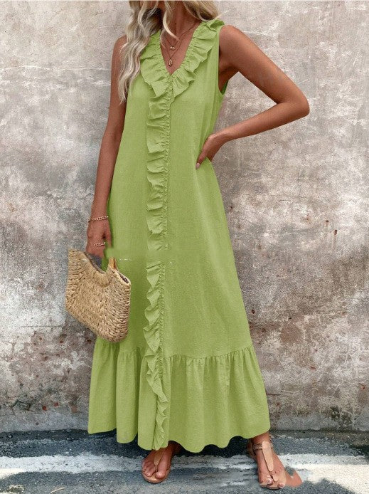 Bianca Ruffle-Trim Linen Swing Dress detail