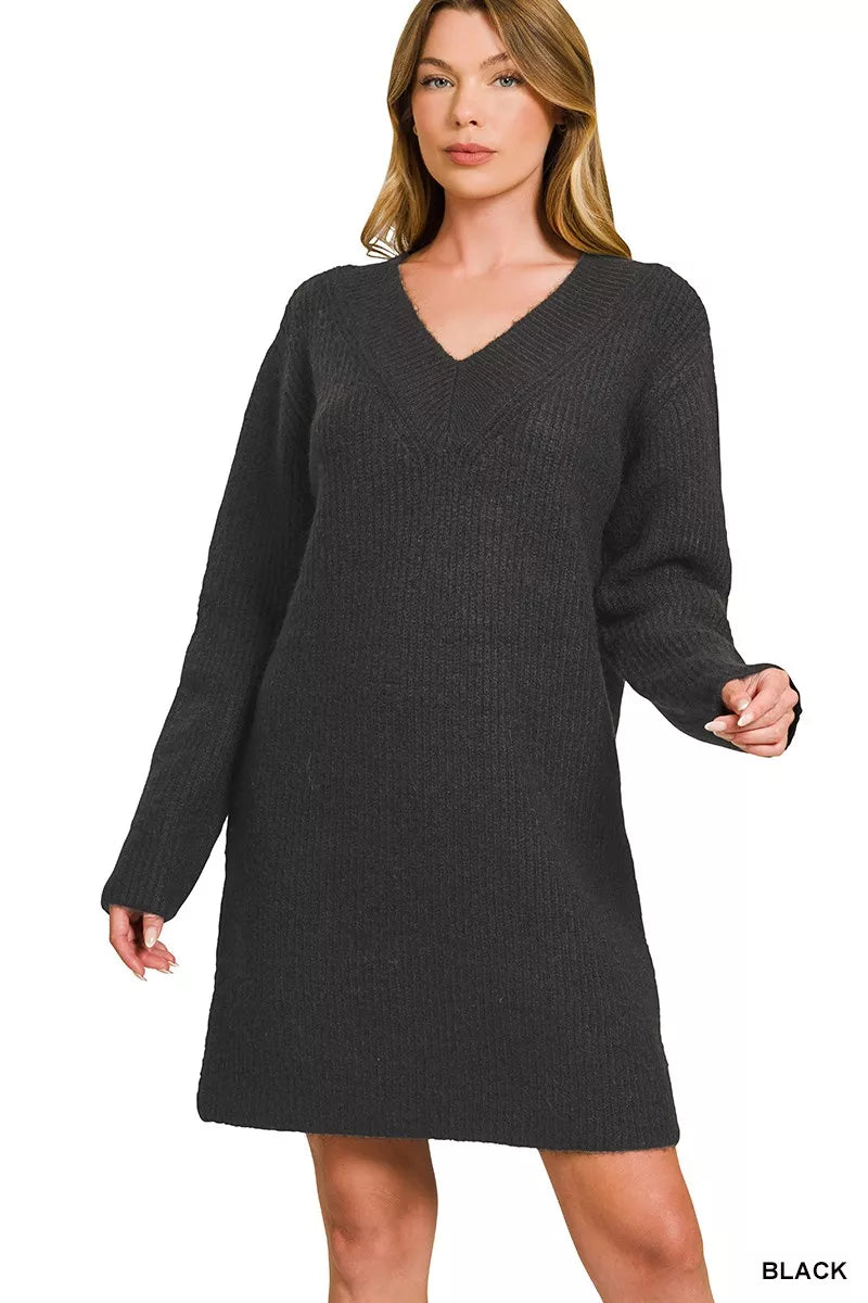 V-Neck Long Sleeve Ribbed Sweater Dress - Black