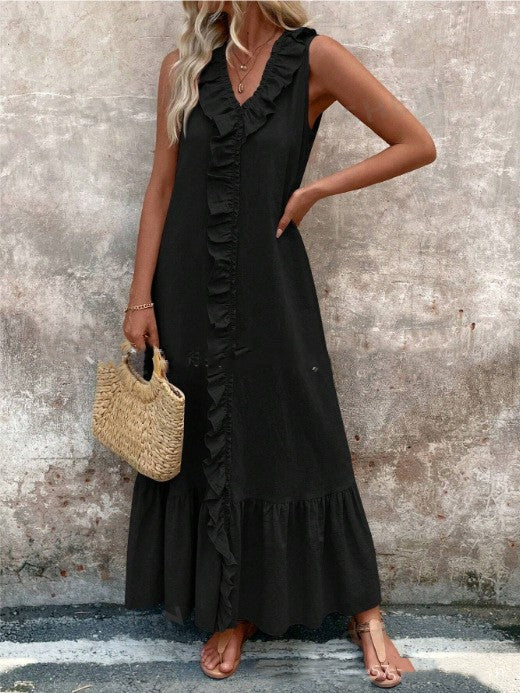 Bianca Ruffle-Trim Linen Swing Dress detail