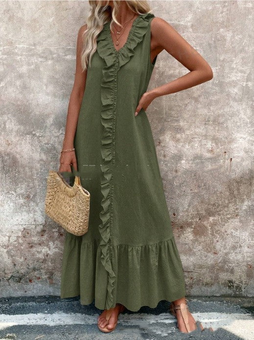 Bianca Ruffle-Trim Linen Swing Dress detail