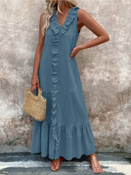 Bianca Ruffle-Trim Linen Swing Dress detail