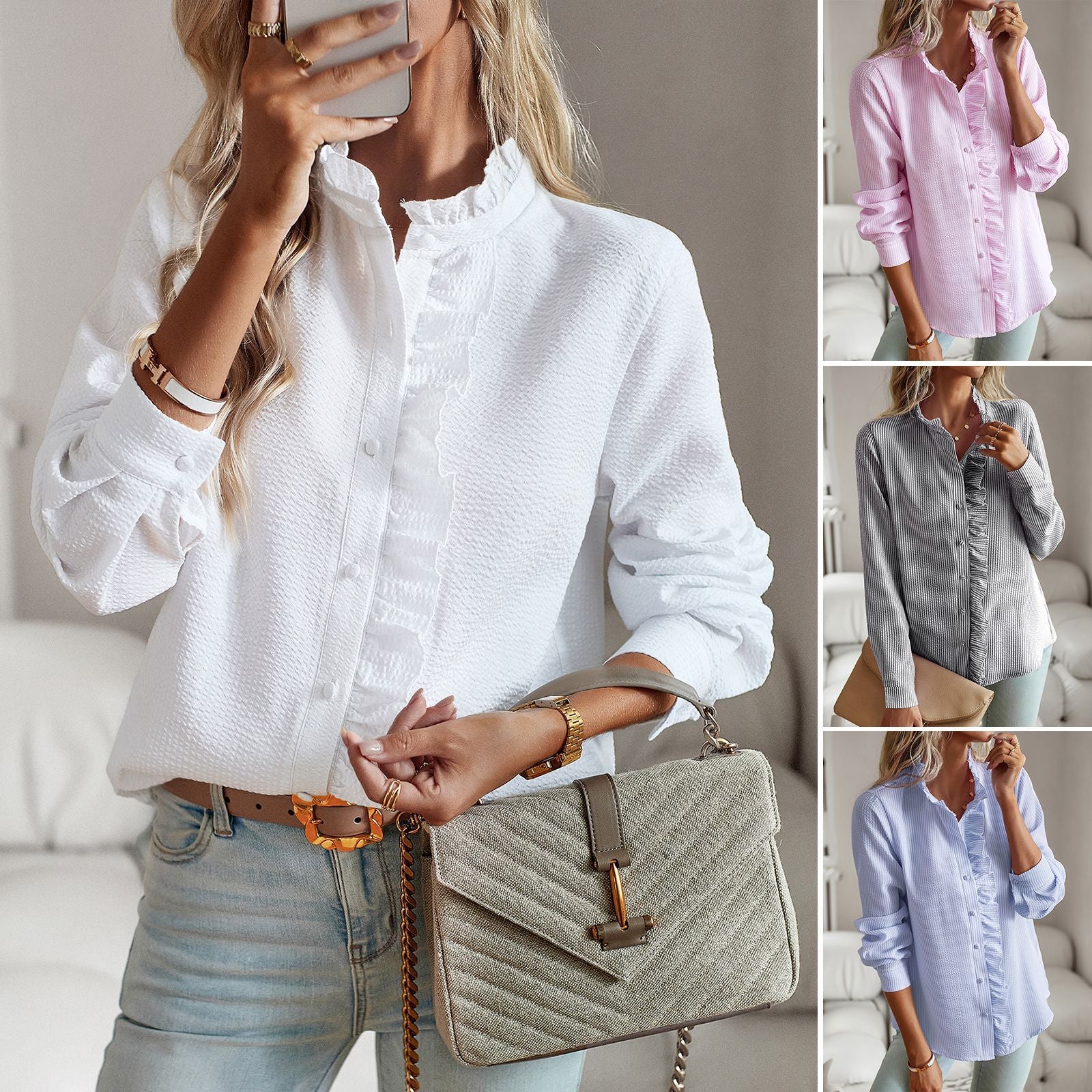 Presley Striped Ruffle Button-Up Blouse