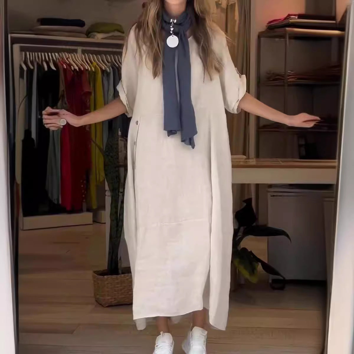 Josie Cotton-Linen Loose V-Neck Dress detail