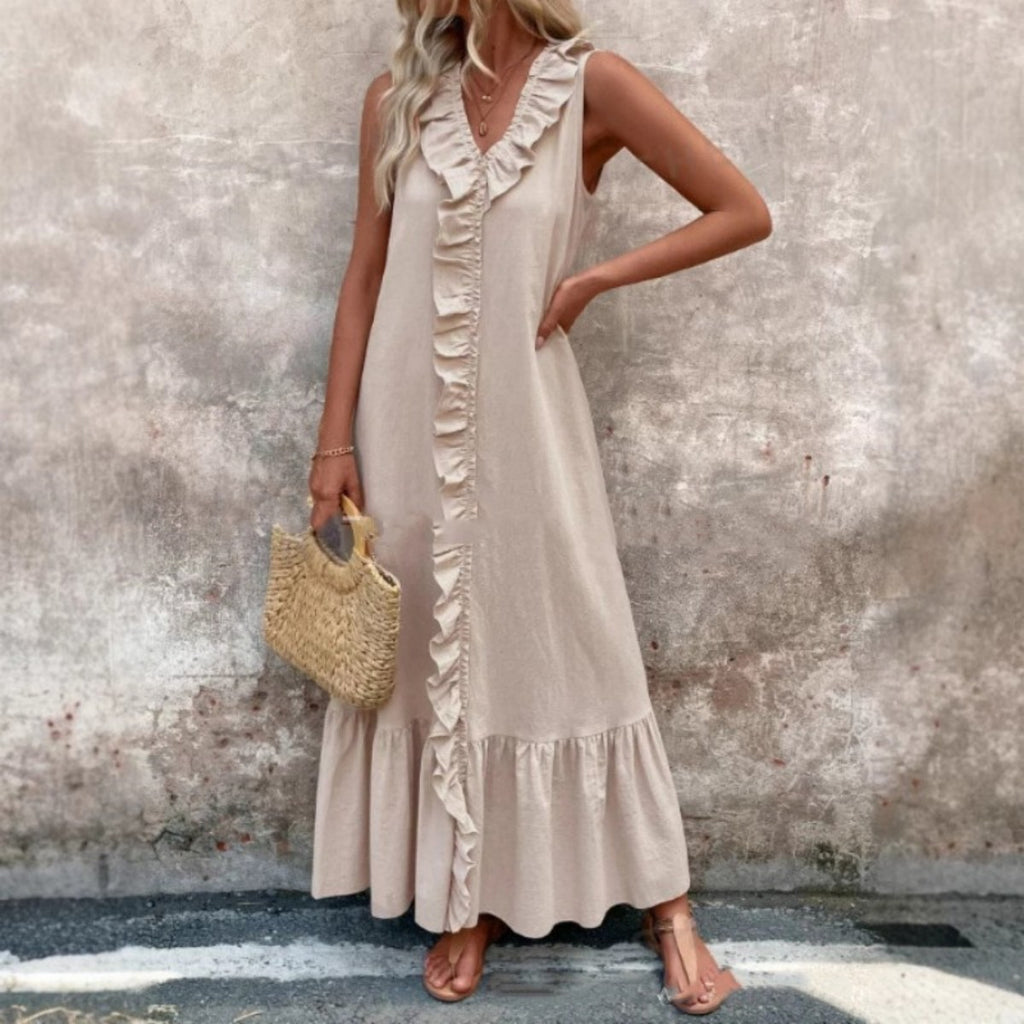 Bianca Ruffle-Trim Linen Swing Dress