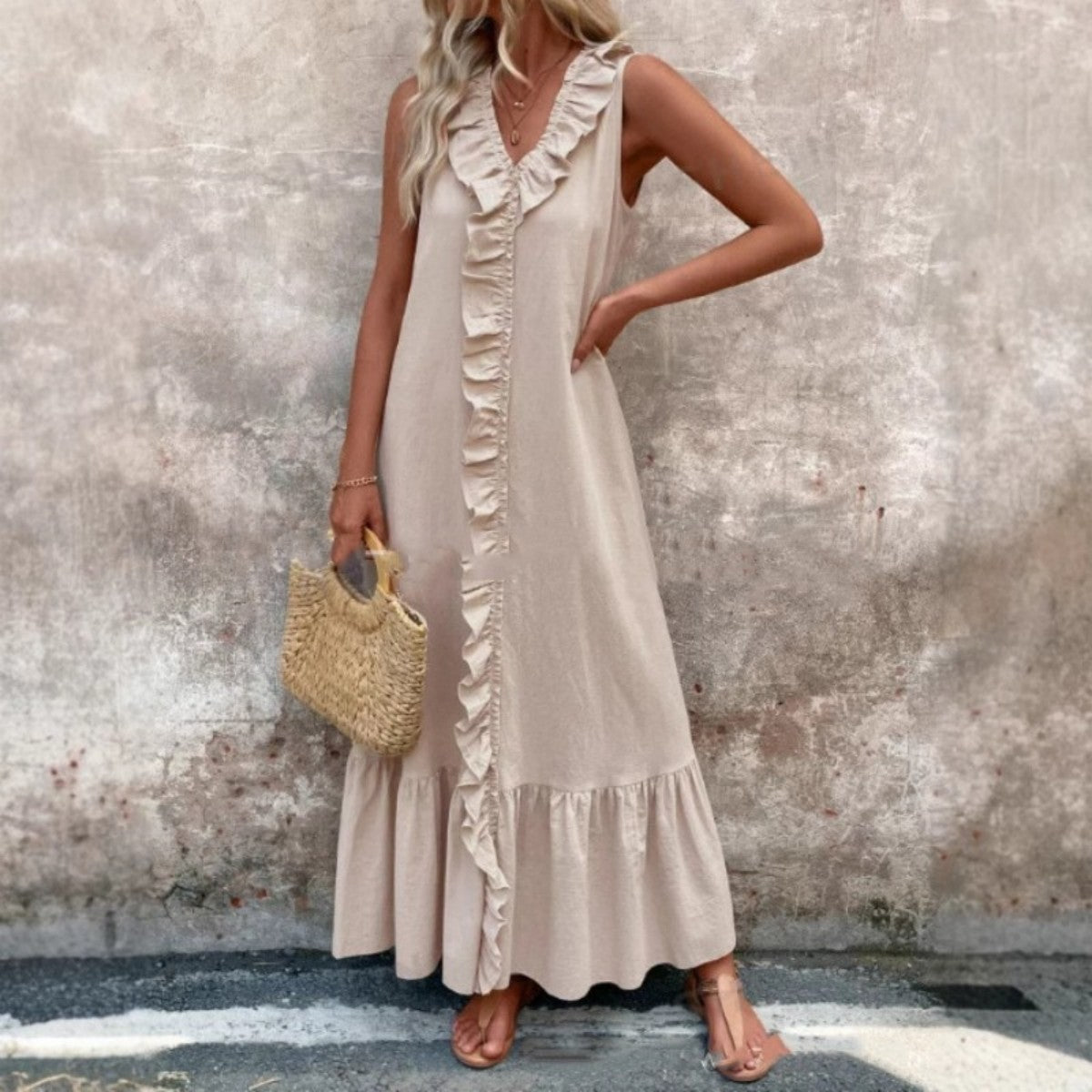 Bianca Ruffle-Trim Linen Swing Dress