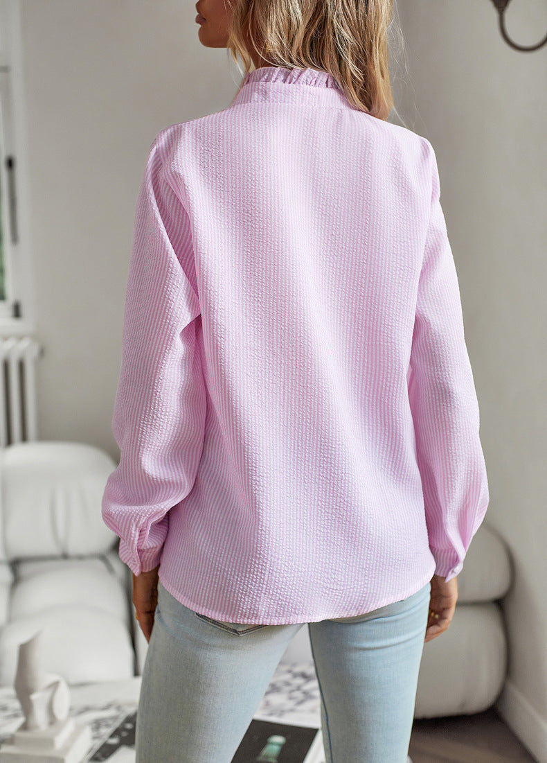 Presley Striped Ruffle Button-Up Blouse styled