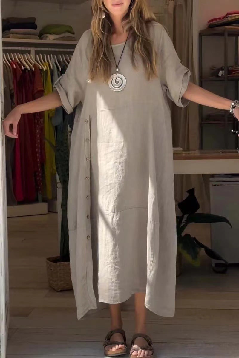 Josie Cotton-Linen Loose V-Neck Dress detail