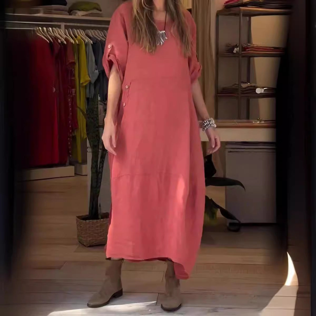Josie Cotton-Linen Loose V-Neck Dress detail