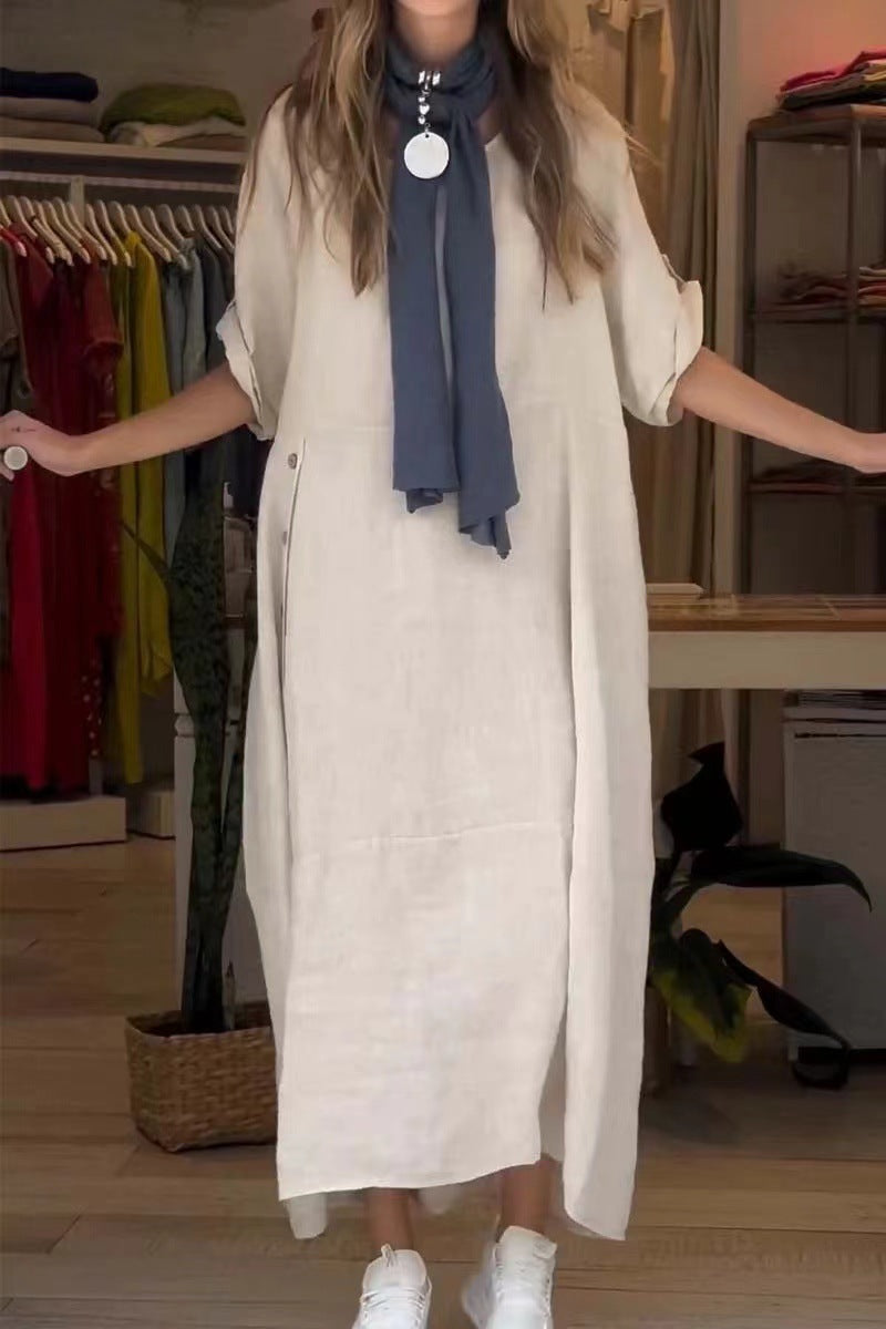 Josie Cotton-Linen Loose V-Neck Dress detail