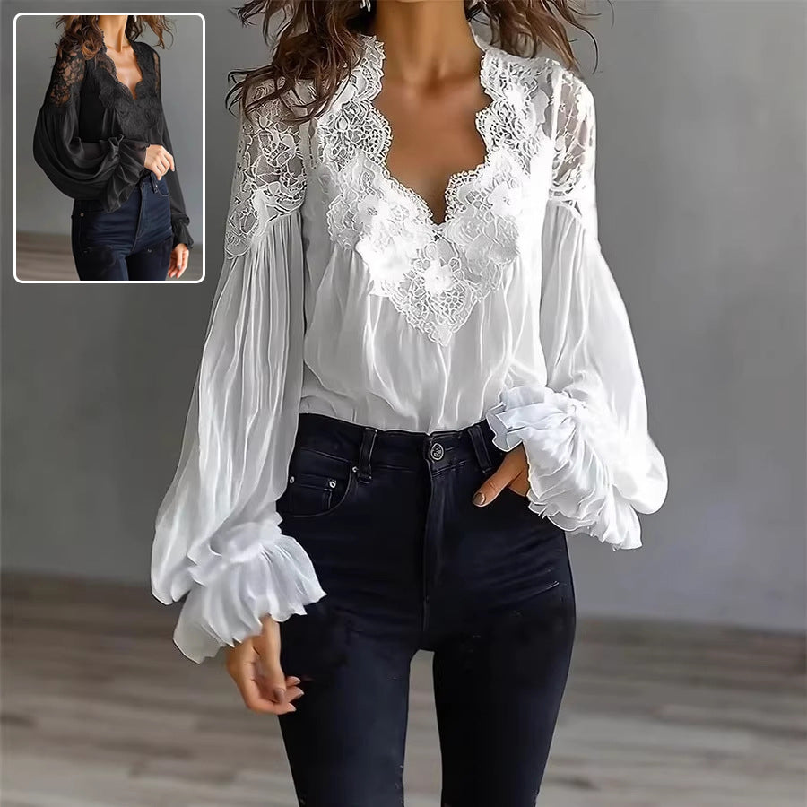 Odette Puff-Sleeve Lace Ruffle Blouse Black
