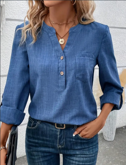 Delphine Chambray V-Neck Blouse