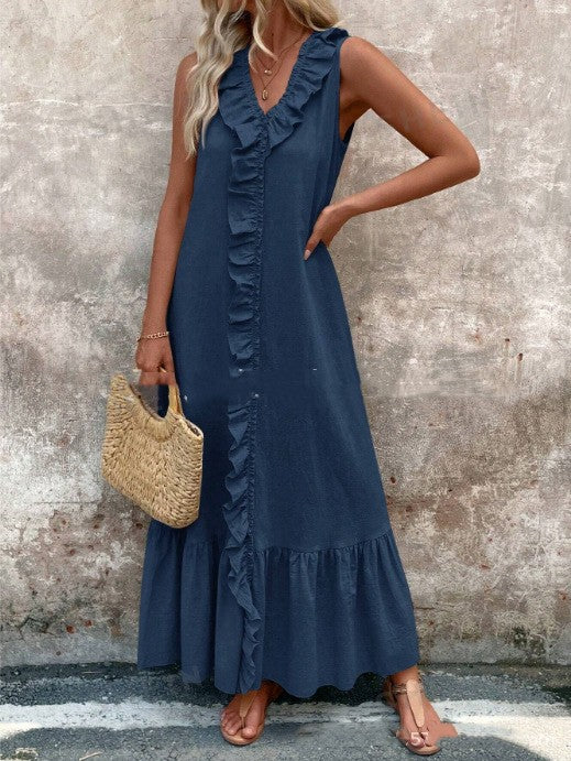 Bianca Ruffle-Trim Linen Swing Dress detail