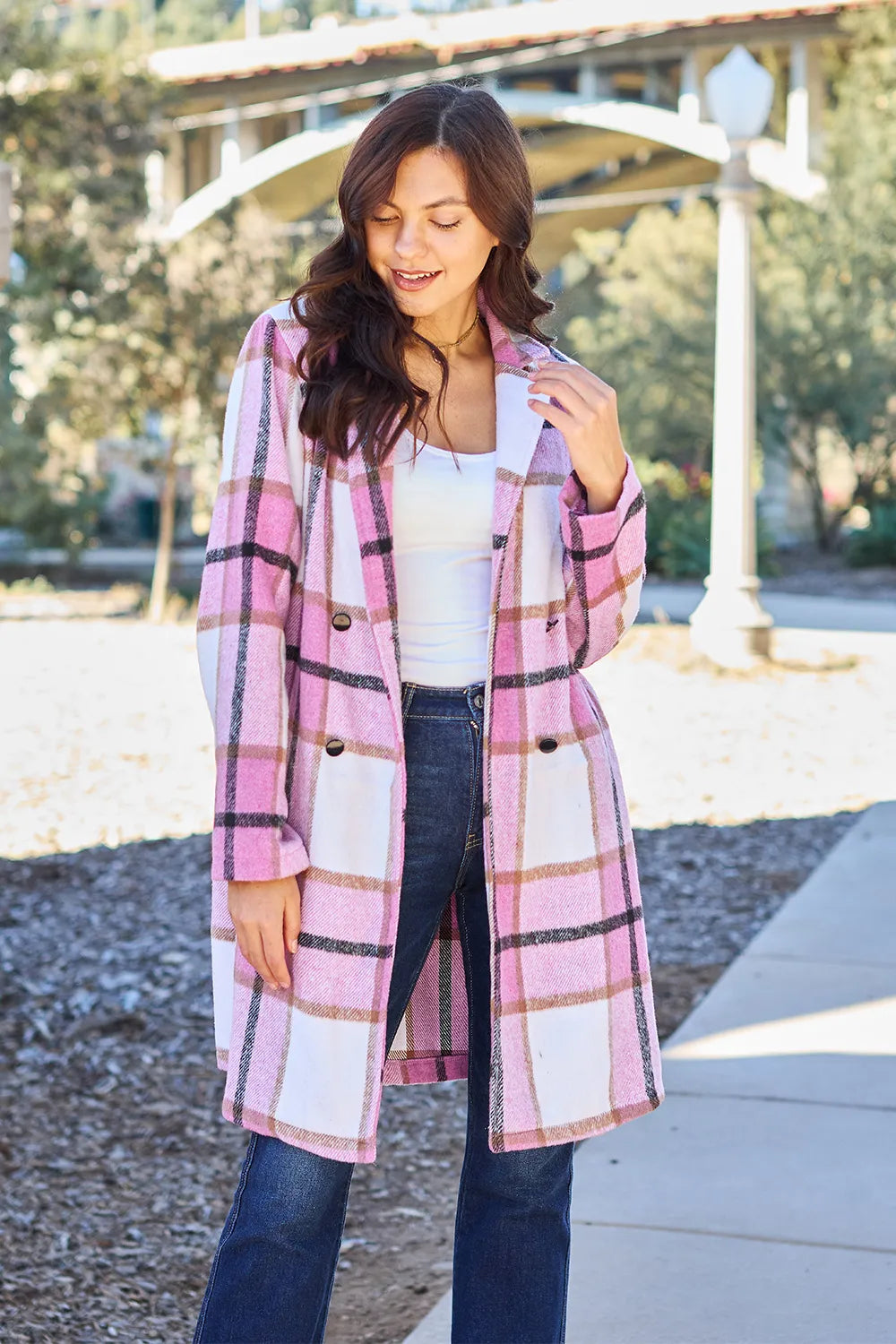 Double Take Full Size Plaid Button Up Lapel Collar Coat - Black
