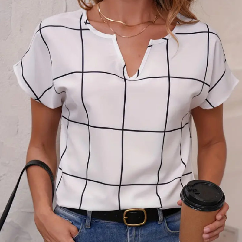 Rowan Plaid Grid Notched-Neck Blouse