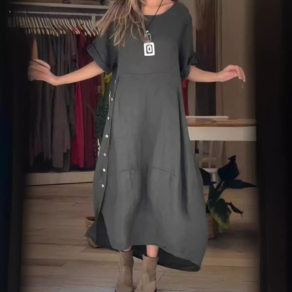Josie Cotton-Linen Loose V-Neck Dress detail