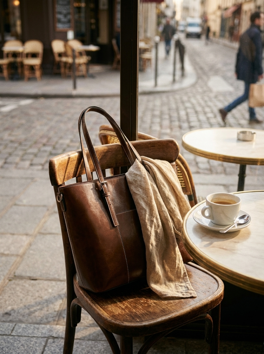 Fleur Leather Carryall Tote — Parisian café editorial