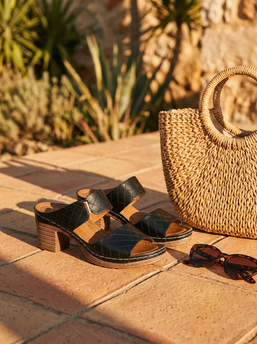 Fleur Plaid Heeled Sandals — Mediterranean editorial