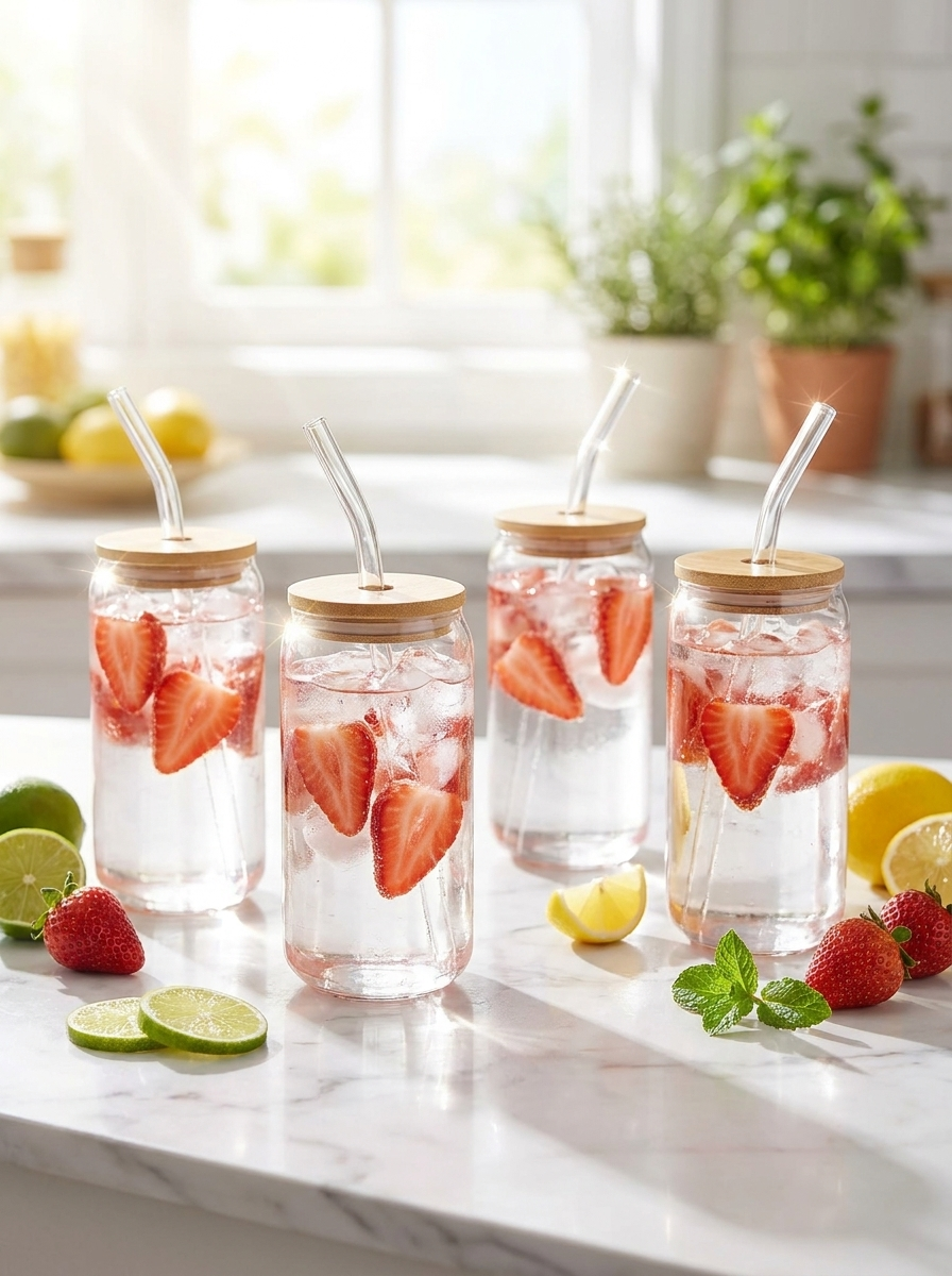 Fleur Glass Tumbler — sunlit kitchen editorial