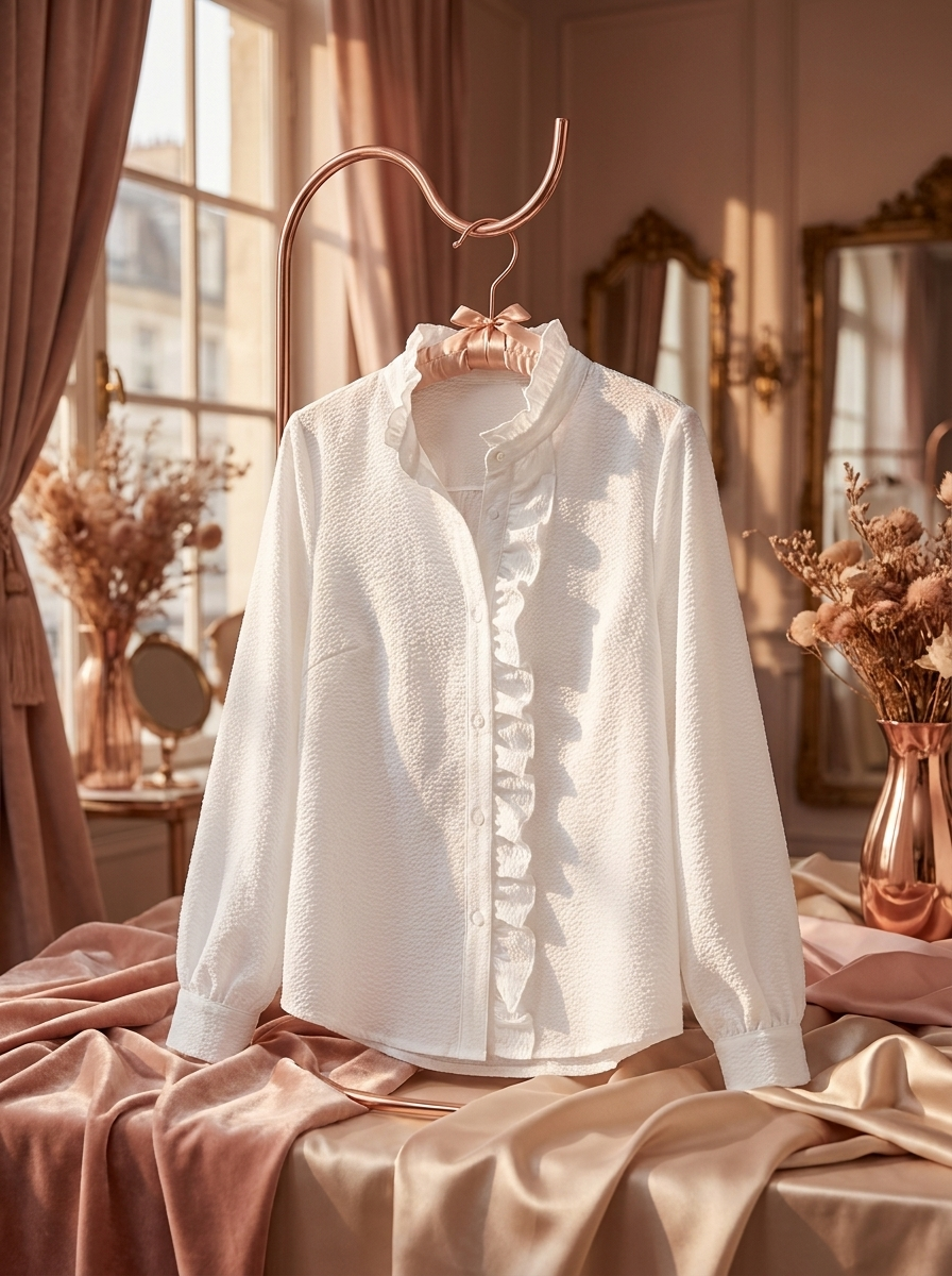 Fleur Ruffle Button-Up Blouse — editorial