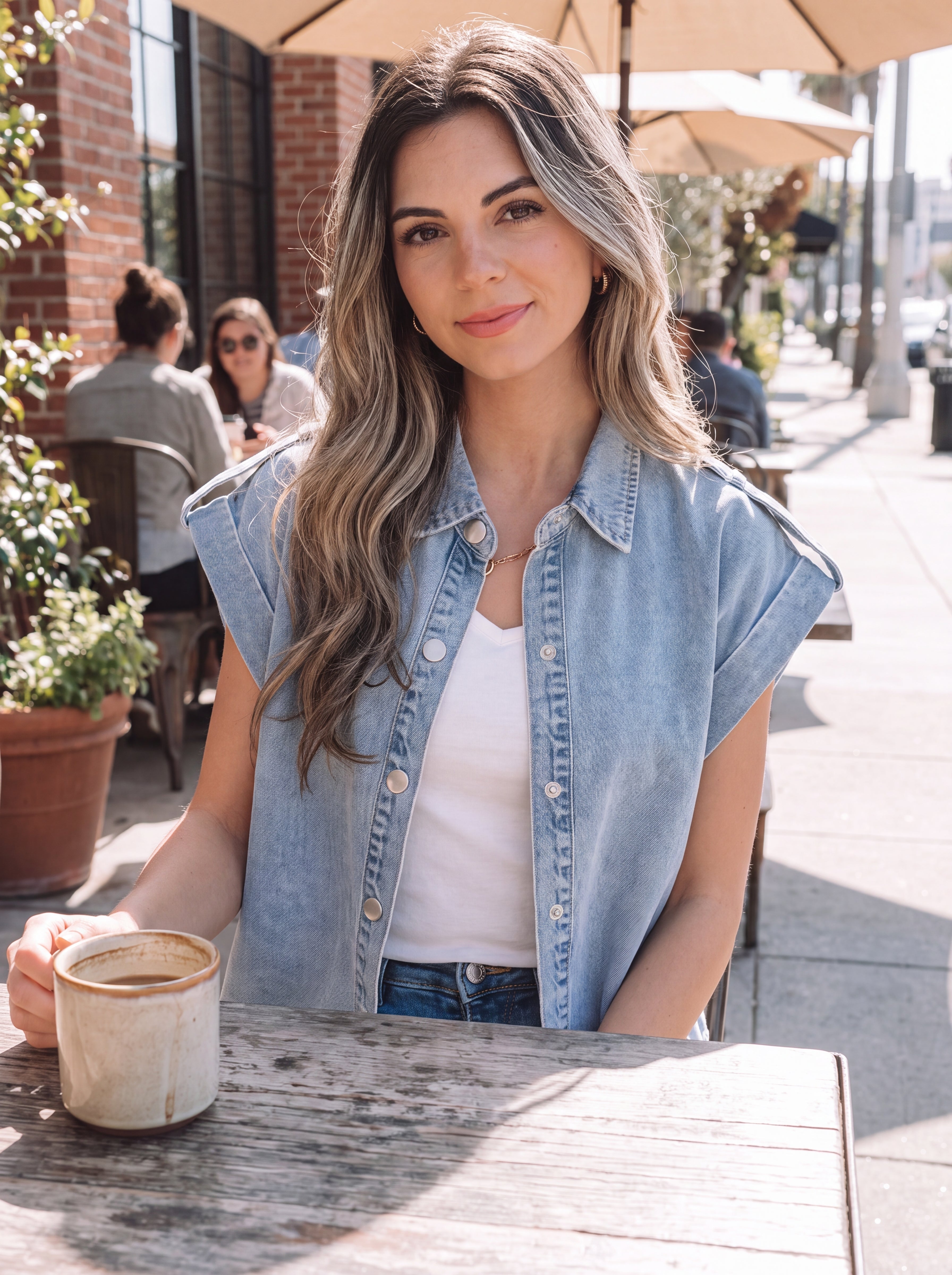 Emelia Denim Pinup Folded Cap Sleeve Shirt — editorial