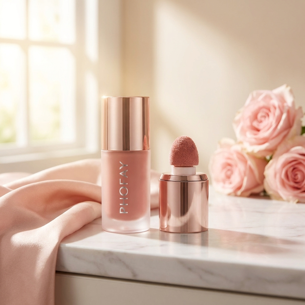 Fleur Mousse Liquid Blush — cinematic cover, rose-gold atelier light