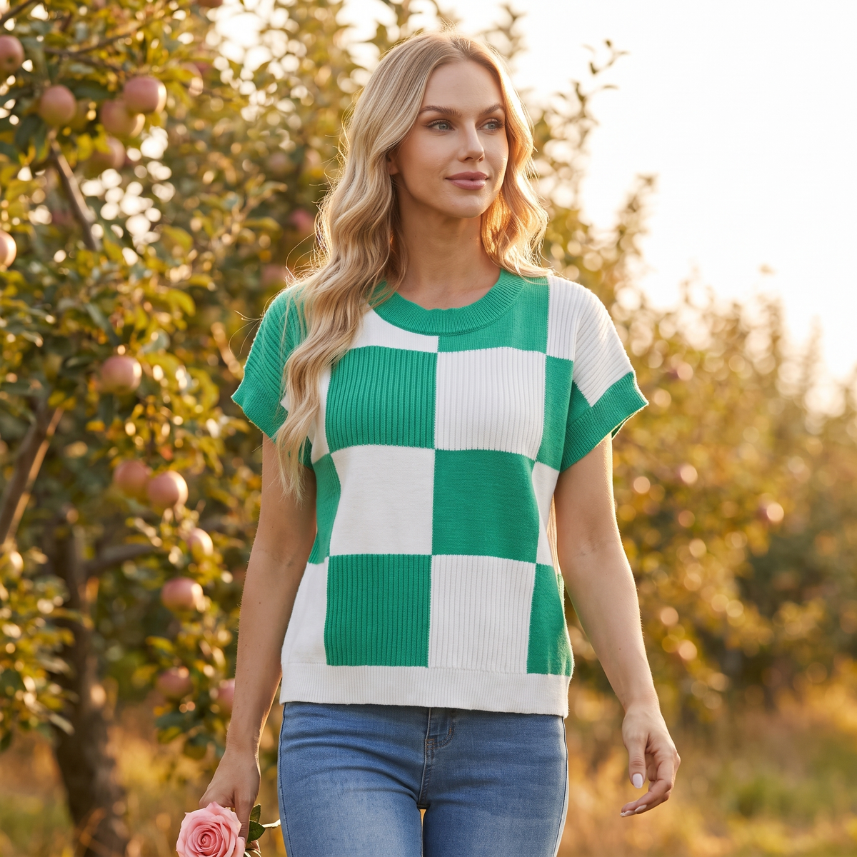 Fleur Checkered Short-Sleeve Sweater - Fleur