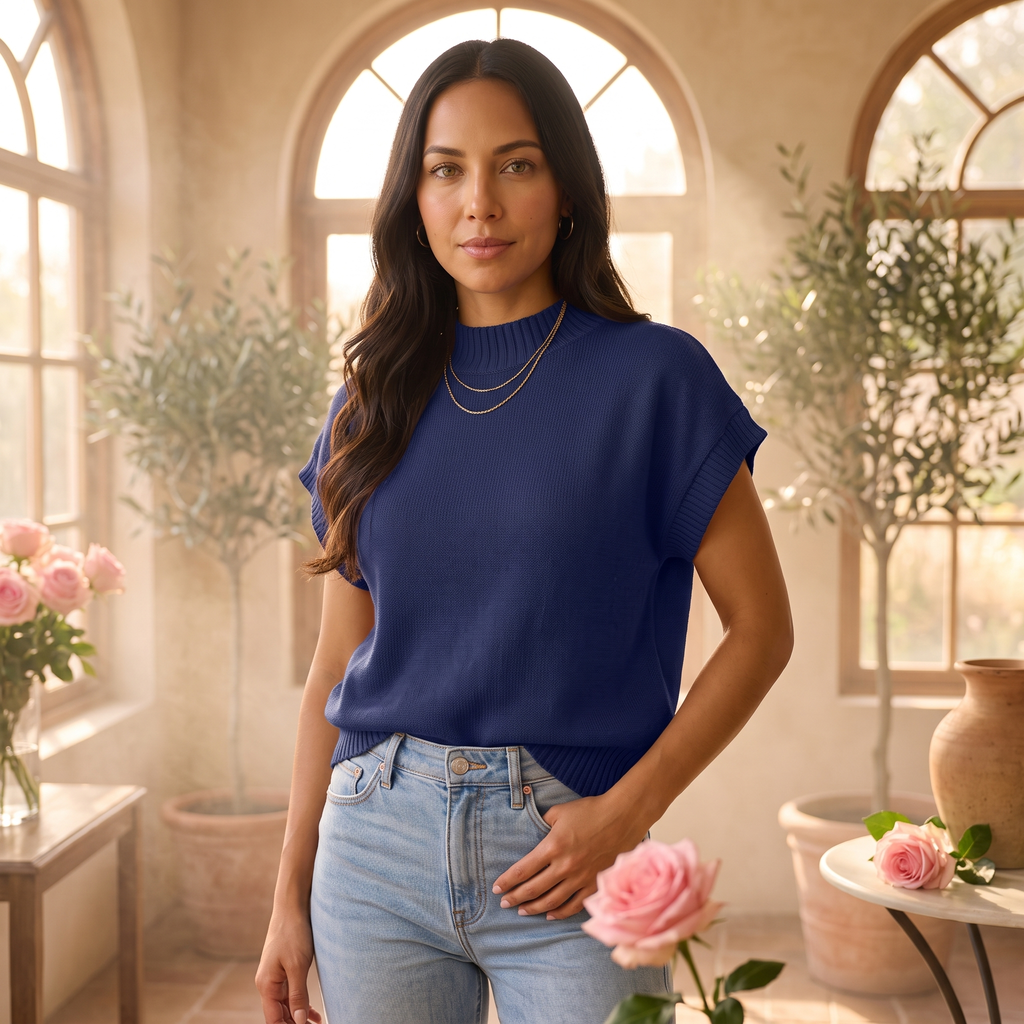 Fleur Mock-Neck Short-Sleeve Sweater — Fleur editorial