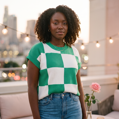 Fleur Checkered Short-Sleeve Sweater — Fleur editorial