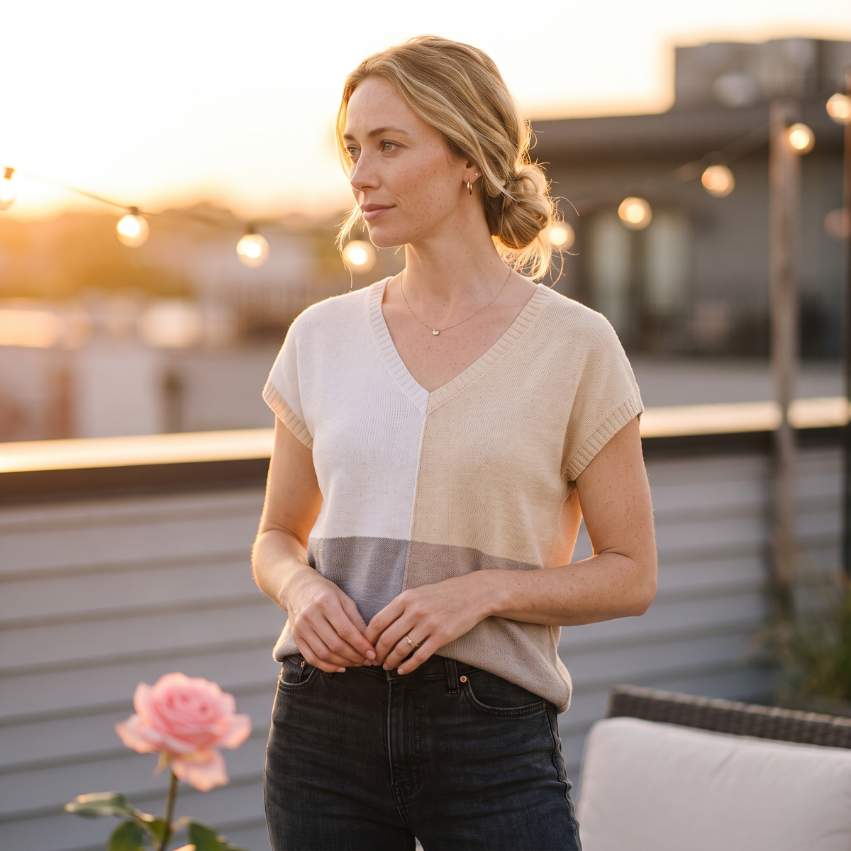 Fleur Colorblock V-Neck Knit Top — Fleur editorial
