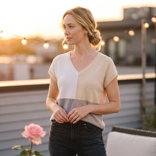 Fleur Colorblock V-Neck Knit Top — Fleur editorial
