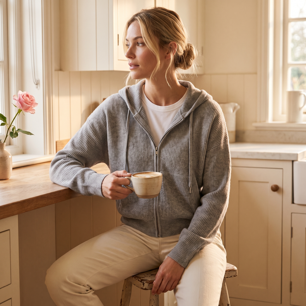 Fleur Ribbed Zip-Up Hooded Jacket — Fleur editorial