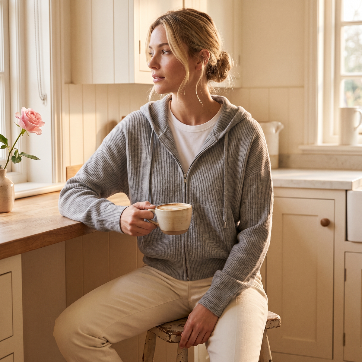 Fleur Ribbed Zip-Up Hooded Jacket — Fleur editorial