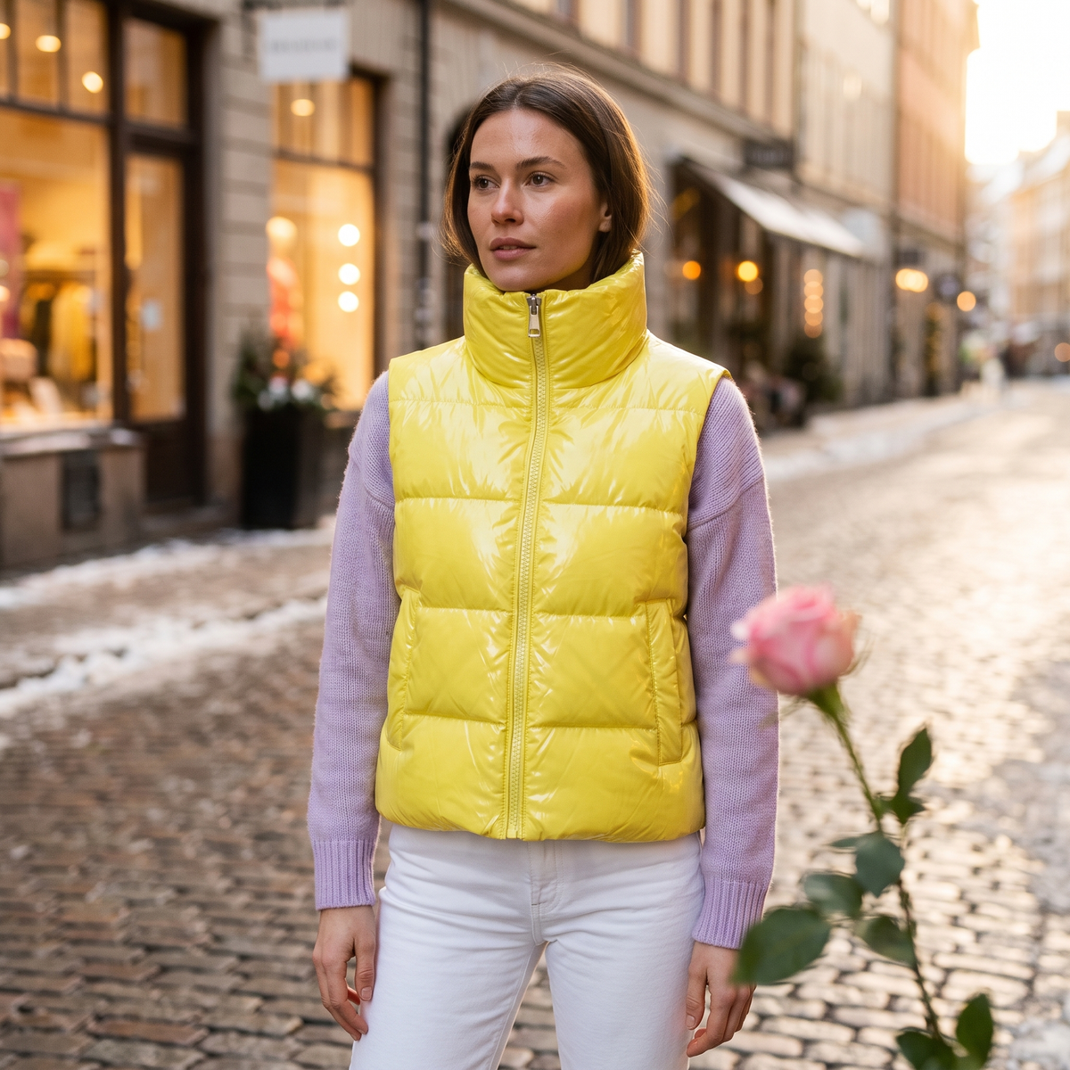 Fleur Glossy Puffer Vest — Sunshine — Fleur editorial